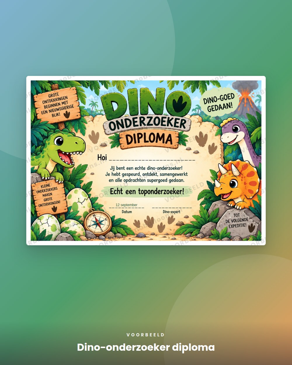 Dino-onderzoeker diploma, voorbeeld