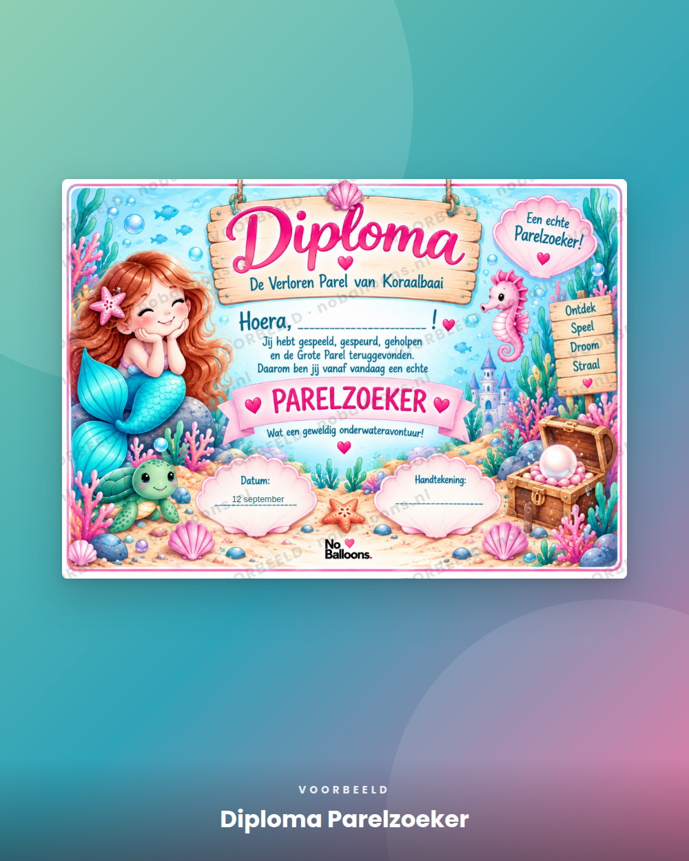 Diploma Parelzoeker, voorbeeld