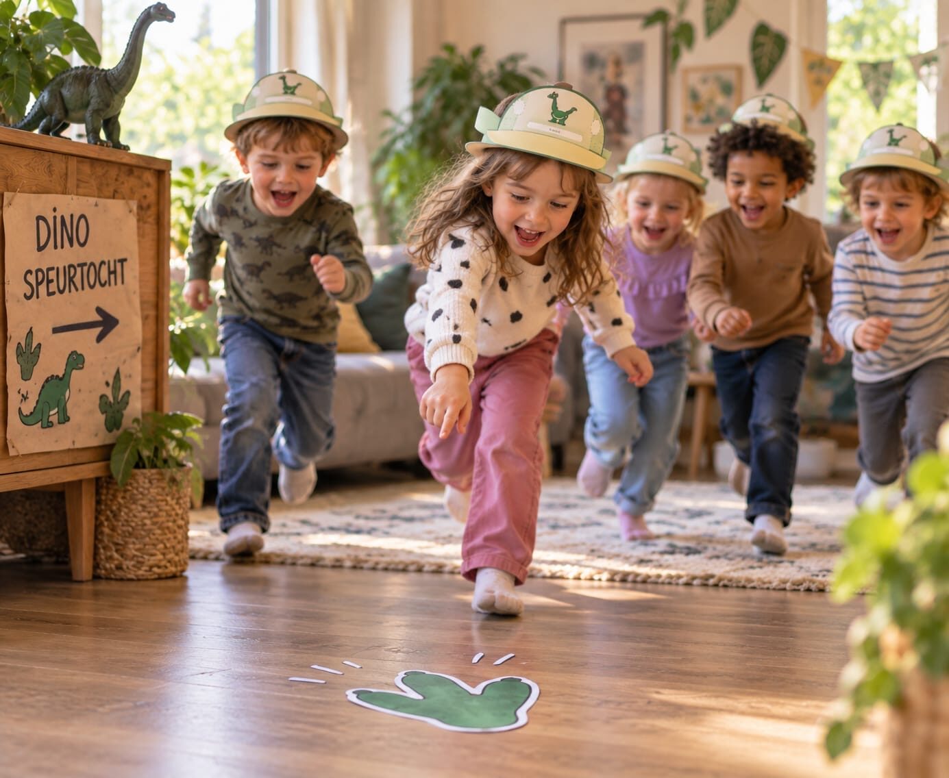 Kinderen rennen langs het bord van de speurtocht in de woonkamer